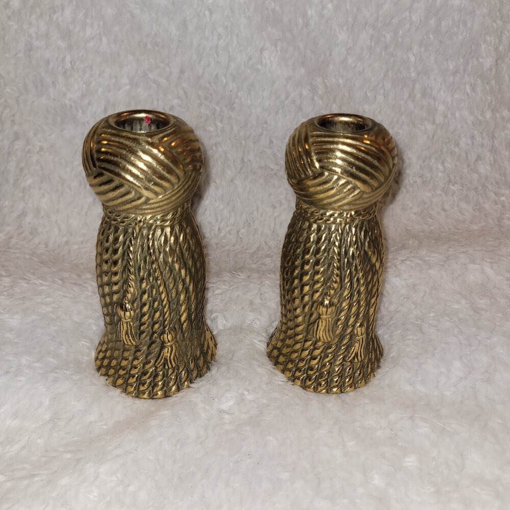 Vintage Candle Holder * Pair Gold Tassel Ceramic Tampered Candlestick * Pier One